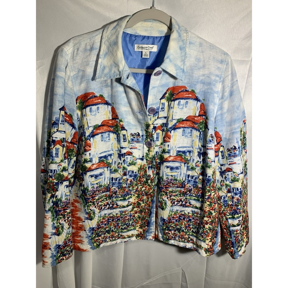 VTG ColdWater Creek Jacket 90s Multicolor Print Linen Blend Coastal Scenic Villa